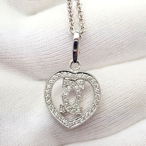 Authentic! Cartier Double C Heart 18k White Gold Diamond Pendant Necklace - Picture 8 of 11